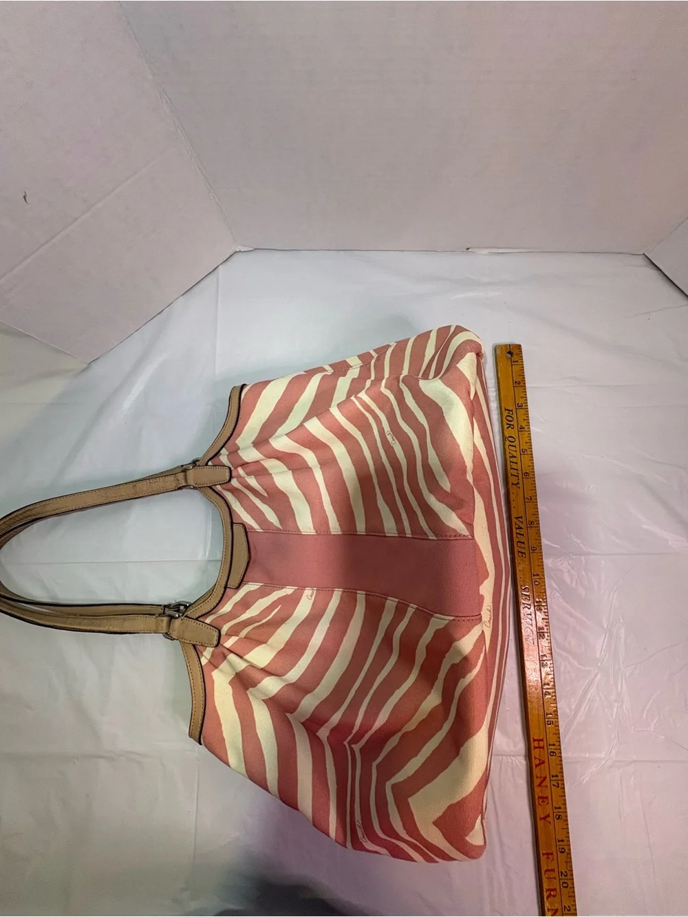 Coach Pink and Cream Zebra-Stripe Canvas Tote